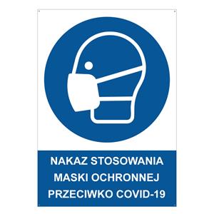 NAKAZ STOSOWANIA MASKI OCHRONNEJ PRZECIWKO COVID-19 - znak BHP z dziurkami, 2 mm płyta PVC A4