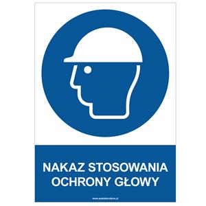 NAKAZ STOSOWANIA OCHRONY GŁOWY - znak BHP, naklejka A4