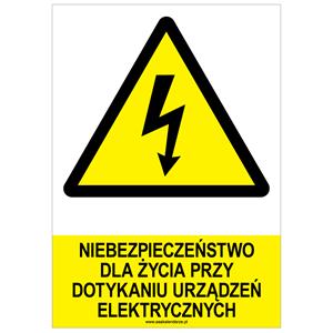 NIEBEZPIECZEŃSTWO DLA ŻYCIA PRZY DOTYKANIU URZĄDZEŃ ELEKTRYCZNYCH - znak BHP, płyta PVC A4, 0,5 mm