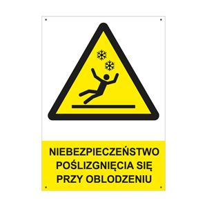 NIEBEZPIECZEŃSTWO POŚLIZGNIĘCIA SIĘ PRZY OBLODZENIU - znak BHP z dziurkami, płyta PVC A4, 2 mm