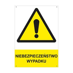 NIEBEZPIECZEŃSTWO WYPADKU - znak BHP z dziurkami, płyta PVC A4, 2 mm