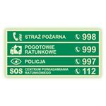 Numery alarmowe - fotoluminescencyjny znak, płyta PVC 2 mm 300x150 mm