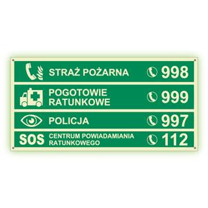 Numery alarmowe - fotoluminescencyjny znak z dziurkami, płyta PVC 2 mm 300x150 mm