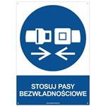 STOSUJ PASY BEZWŁADNOŚCIOWE - znak BHP z dziurkami, płyta PVC A4, 2 mm