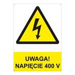 UWAGA! NAPIĘCIE 400 V - znak BHP z dziurkami, 2 mm płyta PVC A4