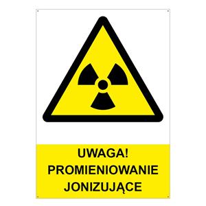 UWAGA! PROMIENIOWANIE JONIZUJĄCE - znak BHP, płyta PVC z dziurkami 2 mm, A4