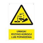 UWAGA! RYZYKO KOROZJI LUB POPARZENIA - znak BHP z dziurkami, płyta PVC A4, 2 mm