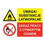 UWAGA! SUBSTANCJE ŁATWOPALNE - ZAKAZ PRACY Z OTWARTYM OGNIEM, ZNAK ŁĄCZONY, płyta PVC 1 mm, 297x210 mm