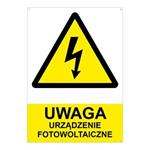 UWAGA urządzenie fotowoltaiczne - znak BHP, płyta PVC 2 mm z dziurkami (A5) 148 x 210 mm