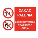 ZAKAZ PALENIA - ZAKAZ UŻYWANIA OTWARTEGO OGNIA, ZNAK ŁĄCZONY, płyta PVC 1 mm, 210x148 mm